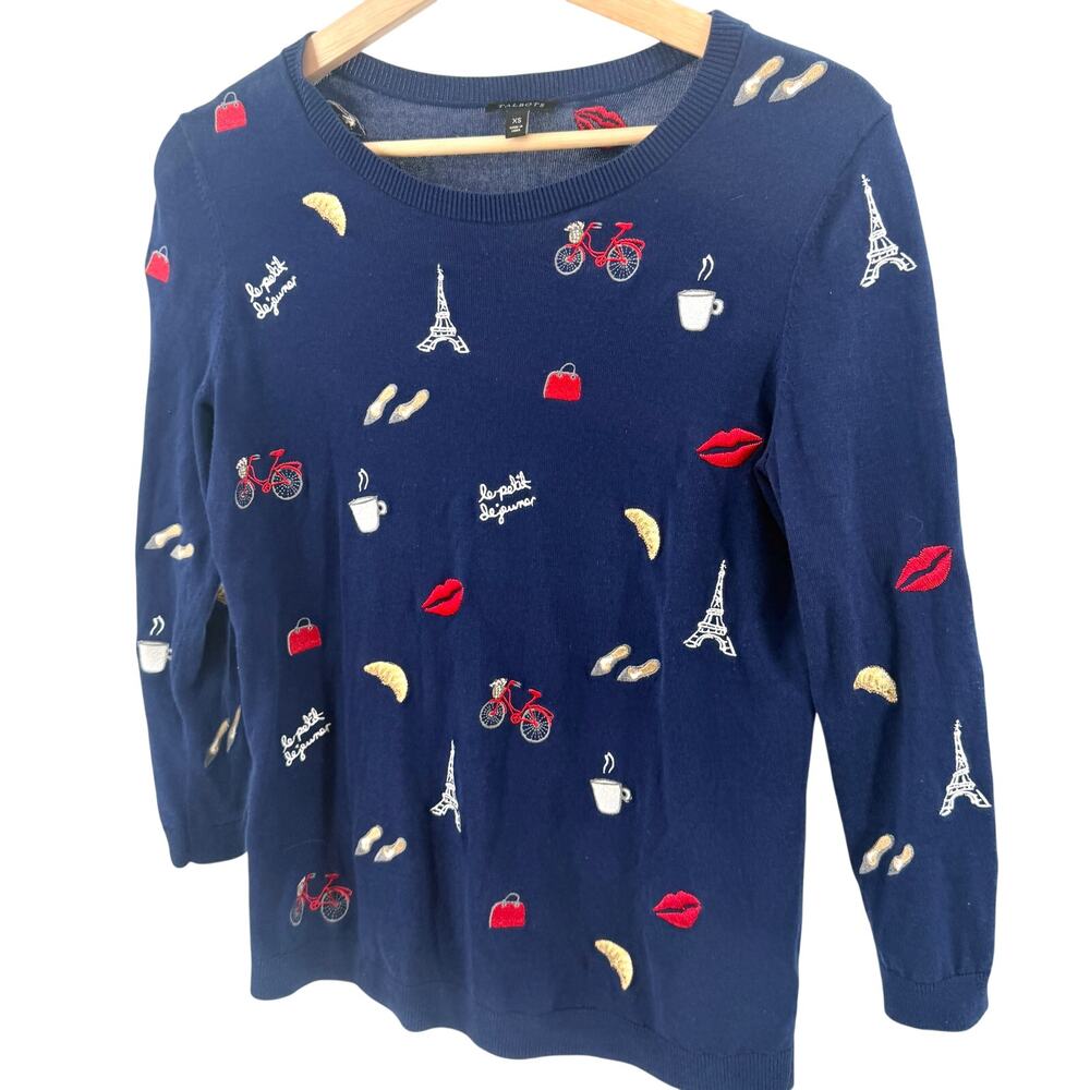 Talbots Navy Blue Parisian Embroidered Eiffel Tower Crewneck Sweater
